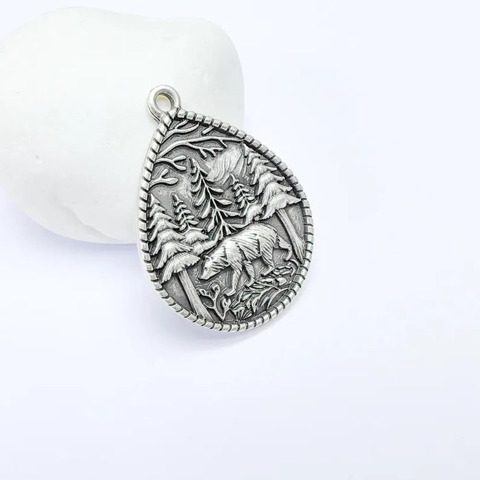 Bear and Forest Pendant Charm, Boho Charm, Nature Earring Charm, Wild Nature Necklace Parts, Antique Silver Plated 42x31mm G36610