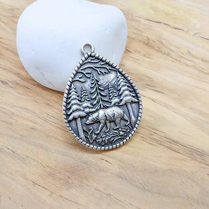 Bear and Forest Pendant Charm, Boho Charm, Nature Earring Charm, Wild Nature Necklace Parts, Antique Silver Plated 42x31mm G36610