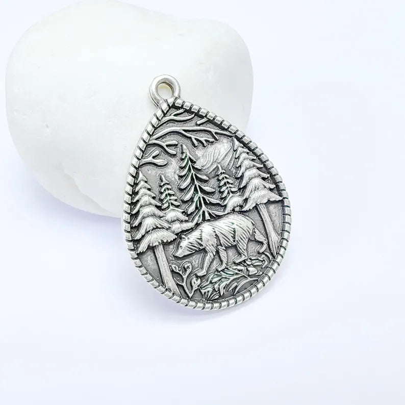 Bear and Forest Pendant Charm, Boho Charm, Nature Earring Charm, Wild Nature Necklace Parts, Antique Silver Plated 42x31mm G36610