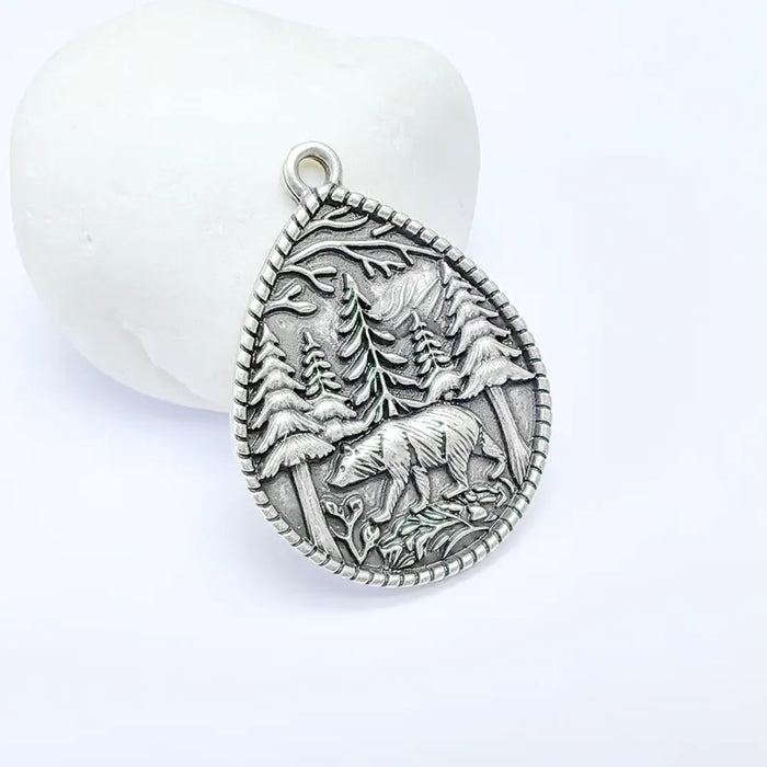 Bear and Forest Pendant Charm, Boho Charm, Nature Earring Charm, Wild Nature Necklace Parts, Antique Silver Plated 42x31mm G36610