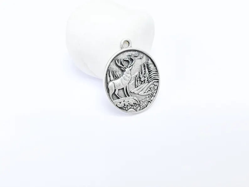 Deer and Forest Pendant Charm, Boho Charm, Nature Earring Charm, Wild Nature Necklace Parts, Antique Silver Plated 37x29mm G36612