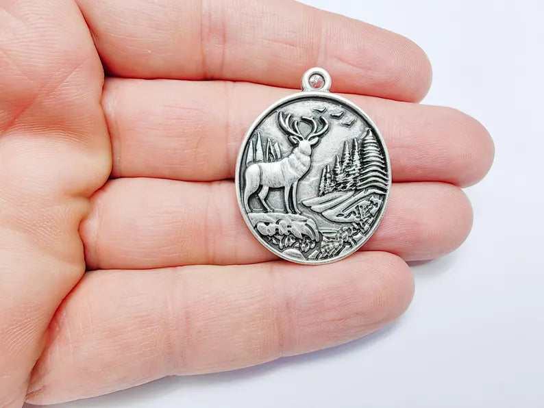 Deer and Forest Pendant Charm, Boho Charm, Nature Earring Charm, Wild Nature Necklace Parts, Antique Silver Plated 37x29mm G36612