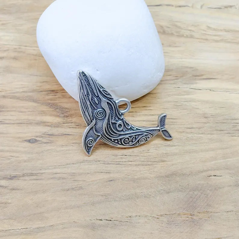 Whale Charm, Whale Pendant, Nautical Boho Charm, Earring Charms, Ocean Dangle Pendant, Mystic Whale, Antique Silver Plated 40x24mm G36613