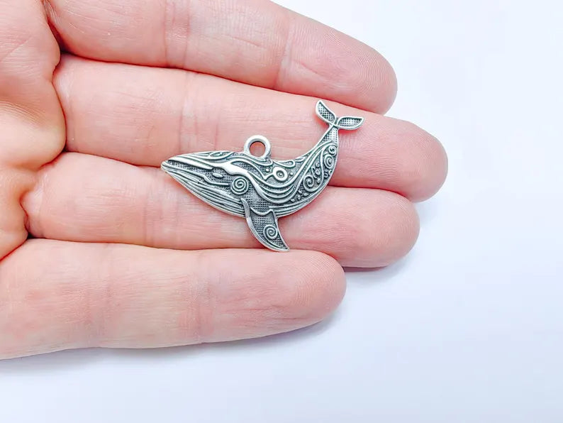 Whale Charm, Whale Pendant, Nautical Boho Charm, Earring Charms, Ocean Dangle Pendant, Mystic Whale, Antique Silver Plated 40x24mm G36613