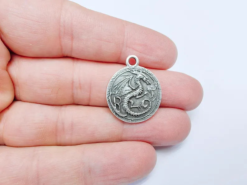 Dragon Charm, Bohemian Pendant, Mystical and Fantasy Charm, Mystic Earring Charm, Gothic Pendant, Antique Silver Plated 26x22mm G36615