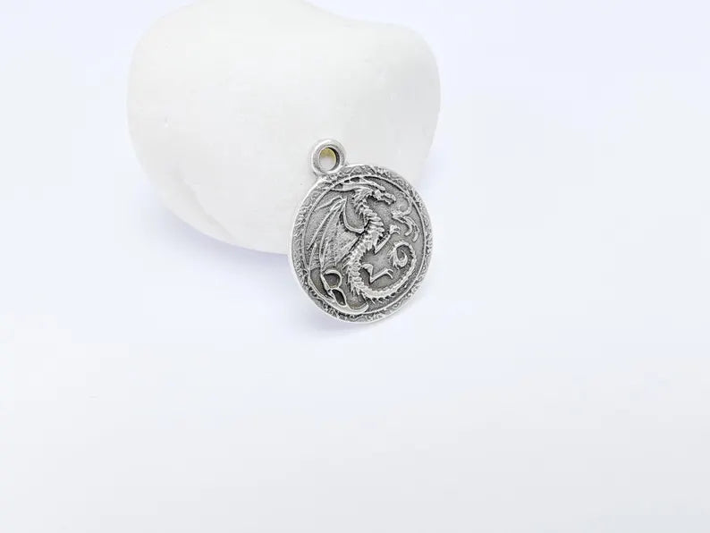 Dragon Charm, Bohemian Pendant, Mystical and Fantasy Charm, Mystic Earring Charm, Gothic Pendant, Antique Silver Plated 26x22mm G36615