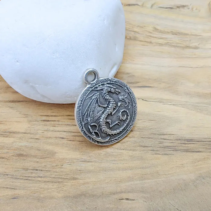 Dragon Charm, Bohemian Pendant, Mystical and Fantasy Charm, Mystic Earring Charm, Gothic Pendant, Antique Silver Plated 26x22mm G36615