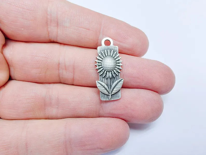 2 Flower Charms, Floral Pendant, Herb Earring Charms, Sunflower Dangle Pendant, Necklace Part, Antique Silver Plated 28x12mm G36616