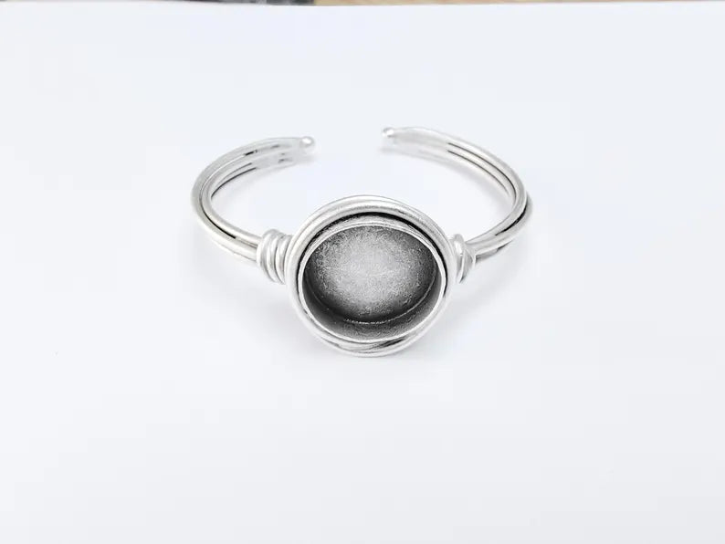 Wire Wrapped Bracelet, Bangle Bracelet Bezel, Wrap Cuff Resin Blank, Wristband Cabochon Base, Adjustable Antique Silver Brass (20mm) G36680