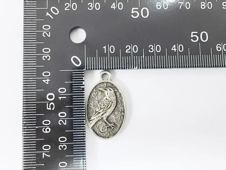 Raven Charm Pendant, Gothic Boho Charm, Nature Earring Charm, Mystical Bird, Necklace Parts, Antique Silver Plated 29x17mm G36682