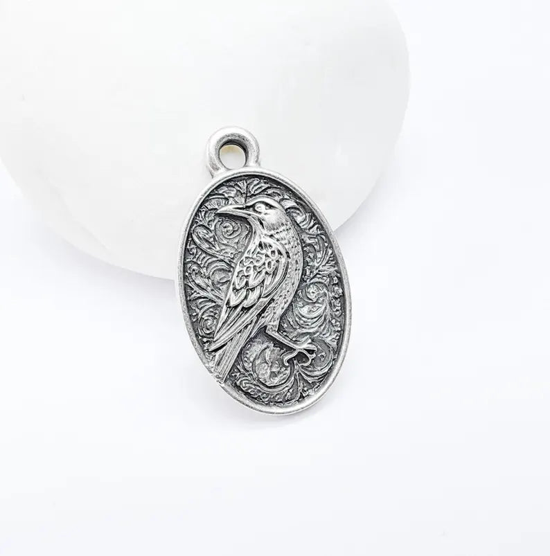 Raven Charm Pendant, Gothic Boho Charm, Nature Earring Charm, Mystical Bird, Necklace Parts, Antique Silver Plated 29x17mm G36682