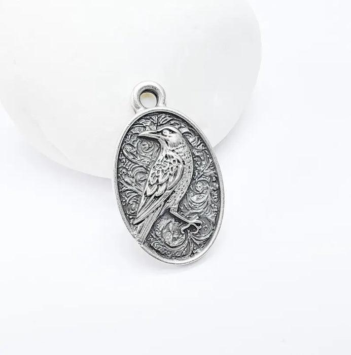 Raven Charm Pendant, Gothic Boho Charm, Nature Earring Charm, Mystical Bird, Necklace Parts, Antique Silver Plated 29x17mm G36682