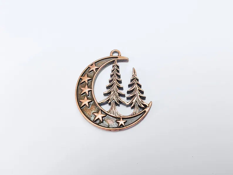 Moon Star and Pine Tree Pendant, Boho Charm, Earring Charm, Dangle Pendant, Necklace Parts, Antique Copper Plated Zamac 40x30mm G36685