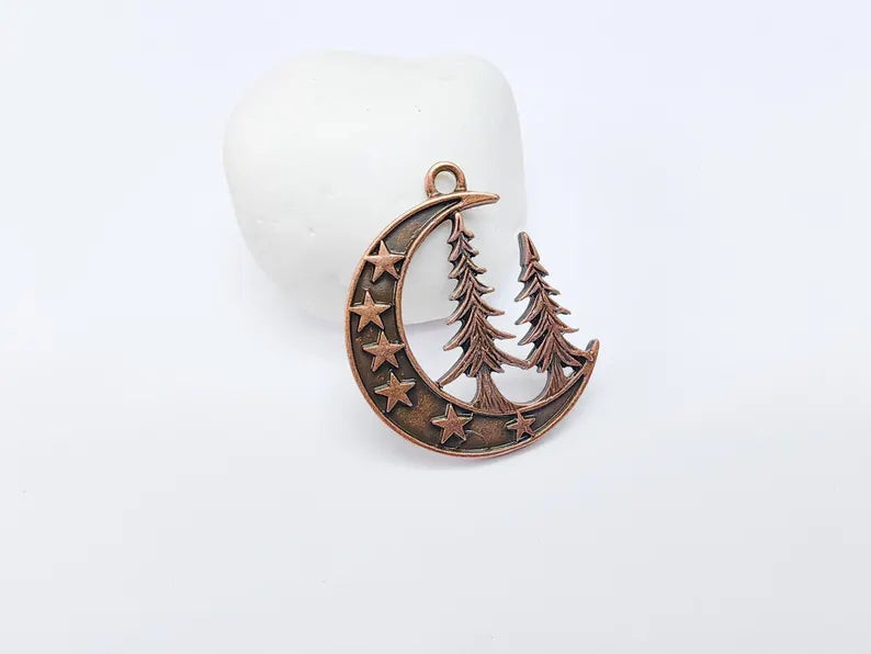 Moon Star and Pine Tree Pendant, Boho Charm, Earring Charm, Dangle Pendant, Necklace Parts, Antique Copper Plated Zamac 40x30mm G36685