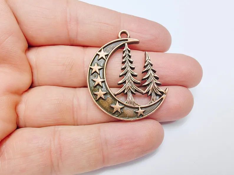 Moon Star and Pine Tree Pendant, Boho Charm, Earring Charm, Dangle Pendant, Necklace Parts, Antique Copper Plated Zamac 40x30mm G36685