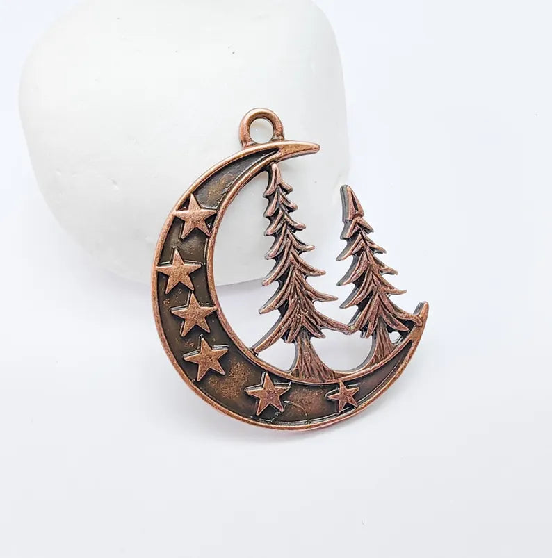 Moon Star and Pine Tree Pendant, Boho Charm, Earring Charm, Dangle Pendant, Necklace Parts, Antique Copper Plated Zamac 40x30mm G36685