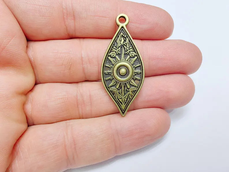 Sunburst Charms, Sun Bohemian Pendant, Boho Charm, Earring Charms, Ornate Dangle Pendant, Antique Bronze Plated 43x18mm G36687