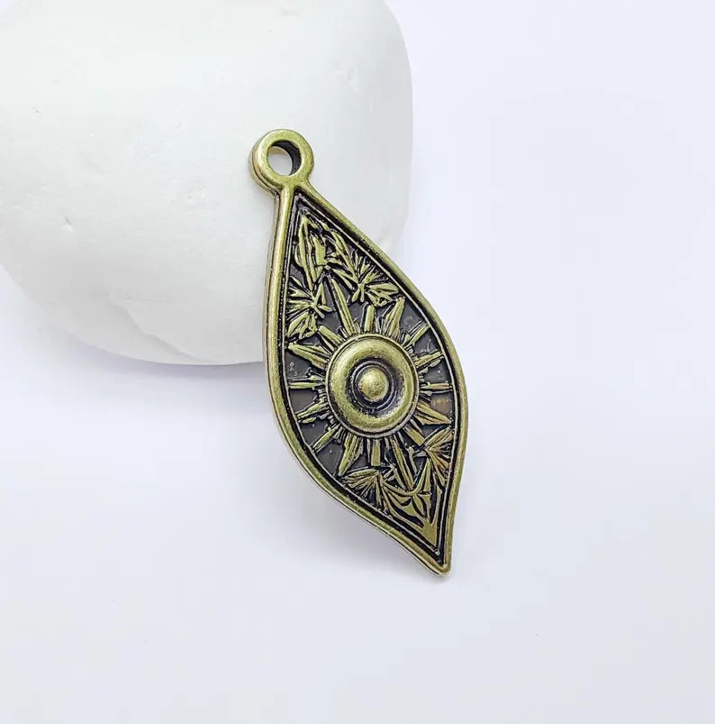 Sunburst Charms, Sun Bohemian Pendant, Boho Charm, Earring Charms, Ornate Dangle Pendant, Antique Bronze Plated 43x18mm G36687