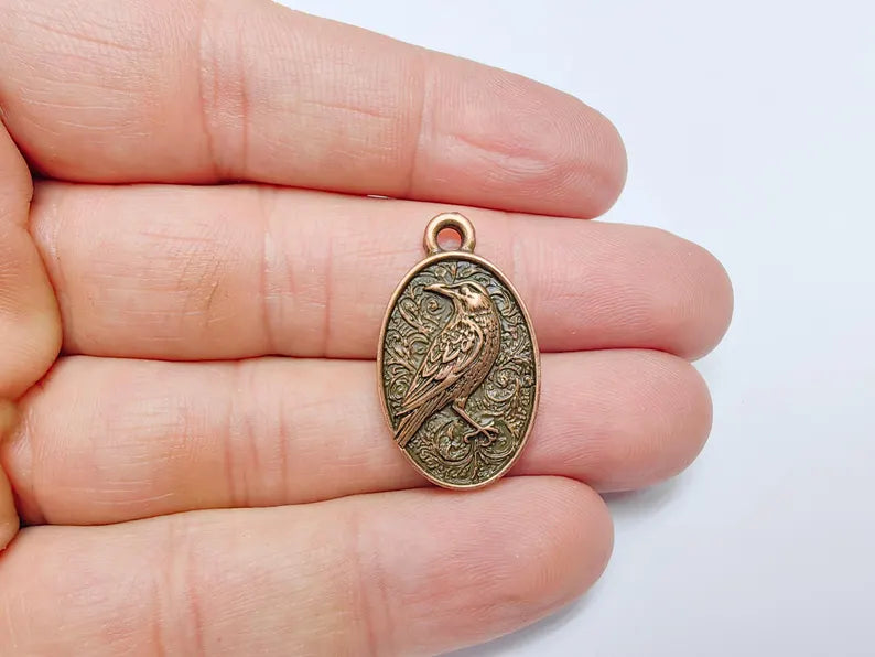 Raven Charm Pendant, Gothic Boho Charm, Nature Earring Charm, Mystical Bird, Necklace Parts, Antique Copper Plated 29x17mm G36688