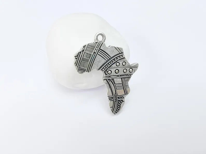 Africa Map Pendant with Tribal Patterns, Cultural Statement Charm , Boho Pendants, Earring Charms, Antique Silver Plated 45x34mm G36690