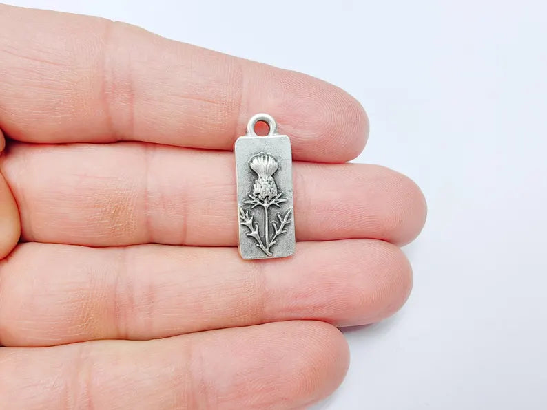 Thistle Flower Charms, Floral Earring, Necklace Parts, , Antique Silver Plated Zamac 26x10mm G36691