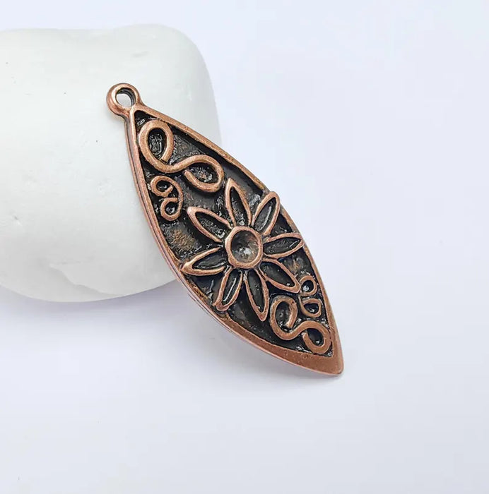 Flower Pendant, Boho Charm, Earring Charm, Dangle Pendant, Necklace Parts, Antique Copper Plated 51x19mm G36695