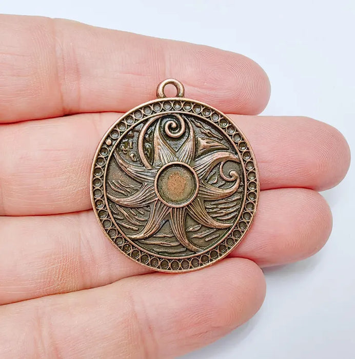 Nautical Pendant, Bohemian Starfish Pendant Blank, Celestial Bezel, Locket Base, Antique Copper Plated Zamac 38x34mm (10mm cabochon) G36697