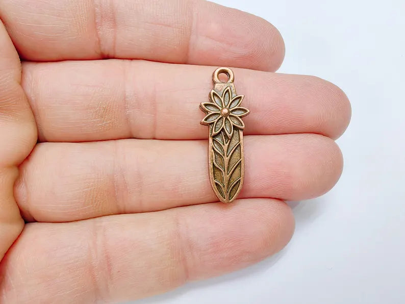 2 Flower Charms, Floral Pendant, Herb Earring Charms, Dangle Pendant, Necklace Part, Antique Copper Plated 31x11mm G36702