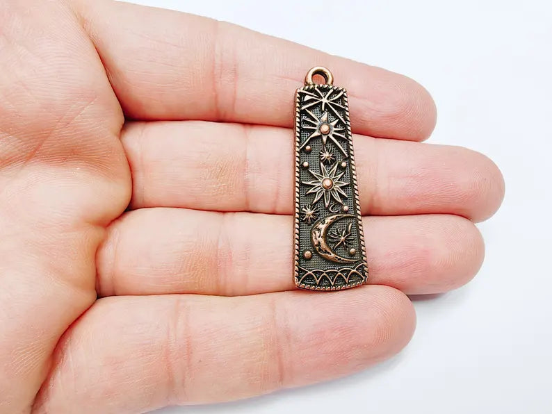 Celestial Moon and Stars Charms, Mystical Sky Charm, Cosmic Earring Charms, Sun Boho Pendant, Antique Copper Plated Zamac 45x14mm G36703