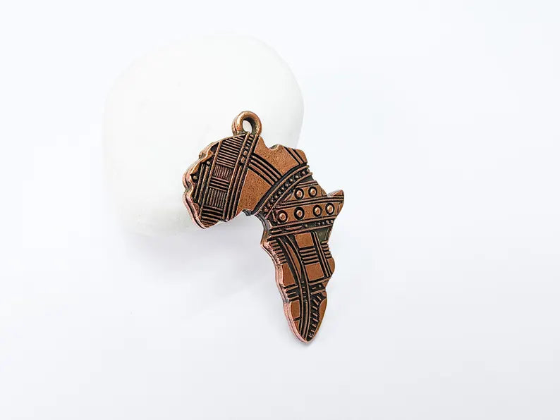 Africa Map Pendant with Tribal Patterns, Cultural Statement Charm, Boho Pendants, Earring Charms, Antique Copper Plated 45x34mm G36704