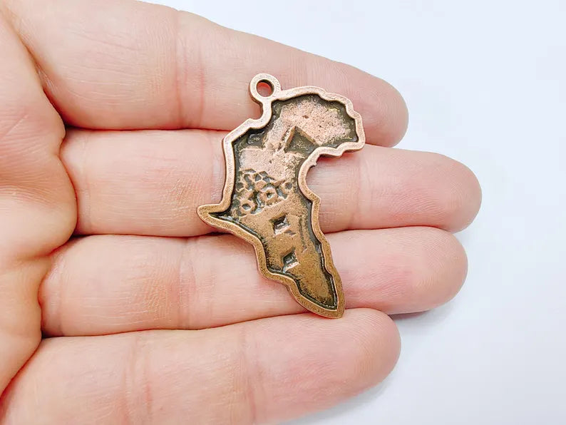 Africa Map Pendant with Tribal Patterns, Cultural Statement Charm, Boho Pendants, Earring Charms, Antique Copper Plated 45x34mm G36704