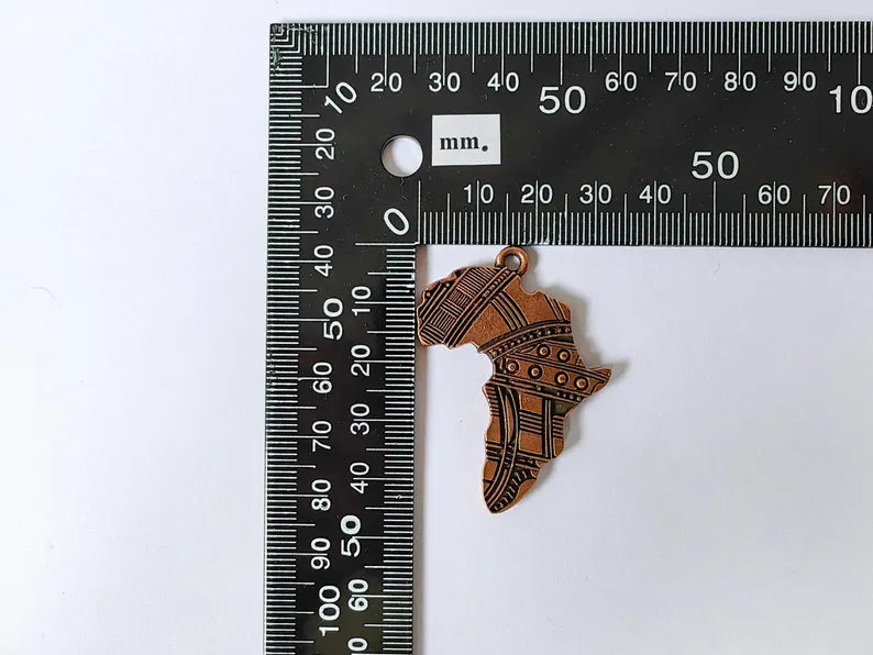 Africa Map Pendant with Tribal Patterns, Cultural Statement Charm, Boho Pendants, Earring Charms, Antique Copper Plated 45x34mm G36704