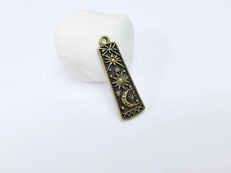 Celestial Moon and Stars Charms, Mystical Sky Charm, Cosmic Earring Charms, Sun Boho Pendant, Antique Bronze Plated Zamac 45x14mm G36705