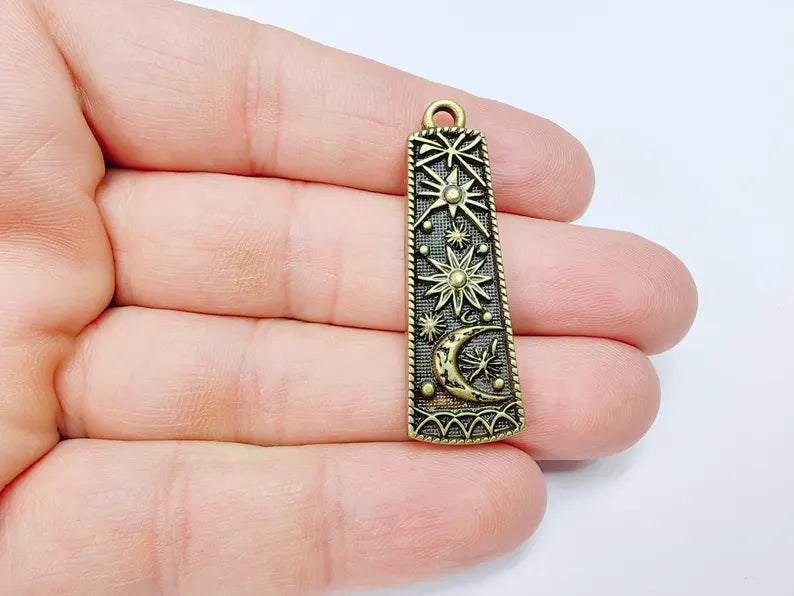 Celestial Moon and Stars Charms, Mystical Sky Charm, Cosmic Earring Charms, Sun Boho Pendant, Antique Bronze Plated Zamac 45x14mm G36705