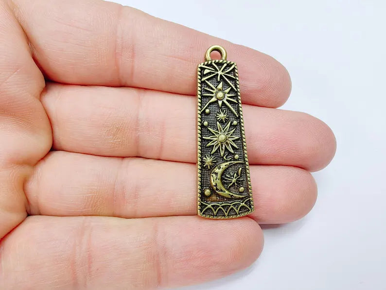 Celestial Moon and Stars Charms, Mystical Sky Charm, Cosmic Earring Charms, Sun Boho Pendant, Antique Bronze Plated Zamac 45x14mm G36705