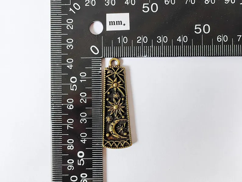 Celestial Moon and Stars Charms, Mystical Sky Charm, Cosmic Earring Charms, Sun Boho Pendant, Antique Bronze Plated Zamac 45x14mm G36705