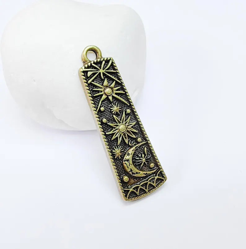 Celestial Moon and Stars Charms, Mystical Sky Charm, Cosmic Earring Charms, Sun Boho Pendant, Antique Bronze Plated Zamac 45x14mm G36705