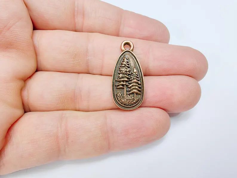 2 Pine Tree Forest Stars Charms, Nature Pendant Boho Earring Charms, Dangle Pendant, Necklace Part, Antique Copper Plated Zamac 30x14mm G36706
