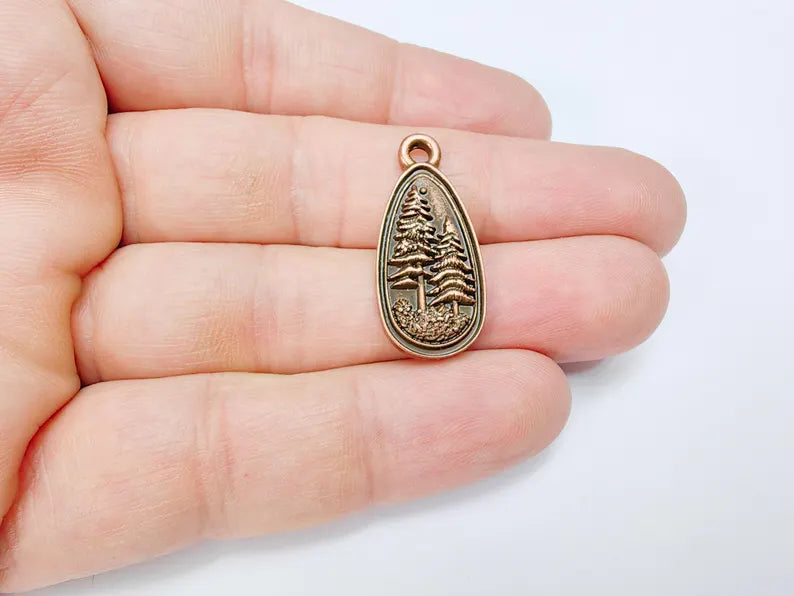 2 Pine Tree Forest Stars Charms, Nature Pendant Boho Earring Charms, Dangle Pendant, Necklace Part, Antique Copper Plated Zamac 30x14mm G36706