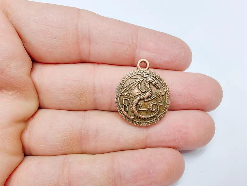 Dragon Charm, Bohemian Pendant, Mystical and Fantasy Charm, Mystic Earring Charm, Gothic Pendant, Antique Copper Plated 26x22mm G36707