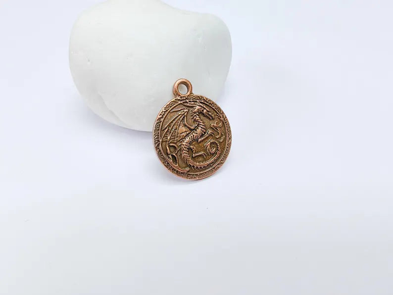 Dragon Charm, Bohemian Pendant, Mystical and Fantasy Charm, Mystic Earring Charm, Gothic Pendant, Antique Copper Plated 26x22mm G36707