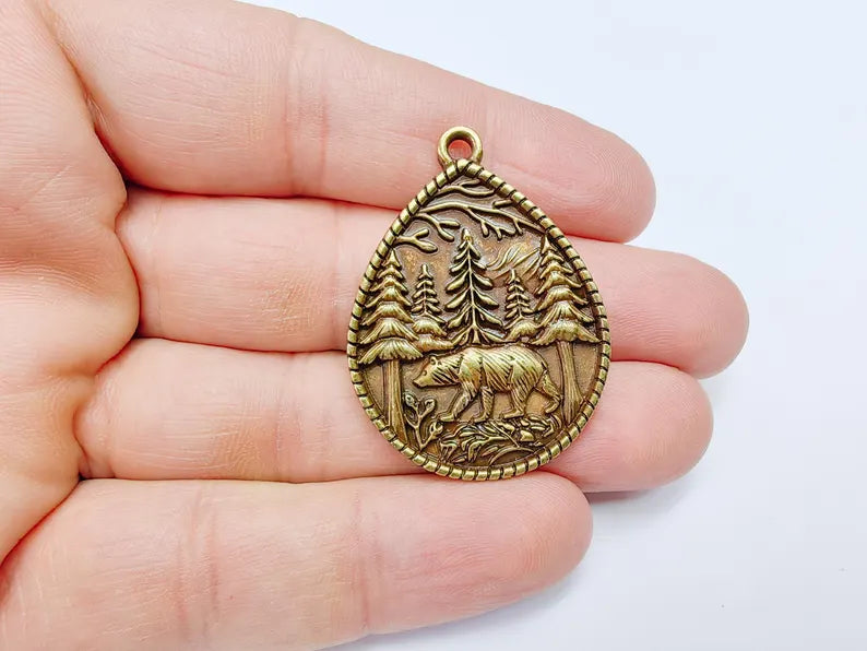 Bear and Forest Pendant Charm, Boho Charm, Nature Earring Charm, Wild Nature Necklace Parts, Antique Bronze Plated 42x31mm G36708