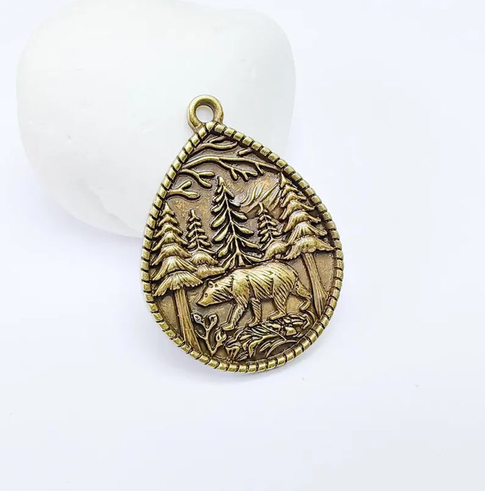 Bear and Forest Pendant Charm, Boho Charm, Nature Earring Charm, Wild Nature Necklace Parts, Antique Bronze Plated 42x31mm G36708