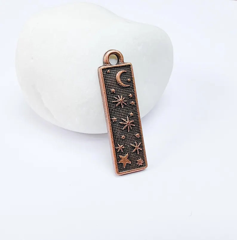 Celestial Moon and Star Charms, Cosmic Pendant, Earring Charms, Night Sky Boho Charms, Antique Copper Plated Zamac 33x9mm G36710