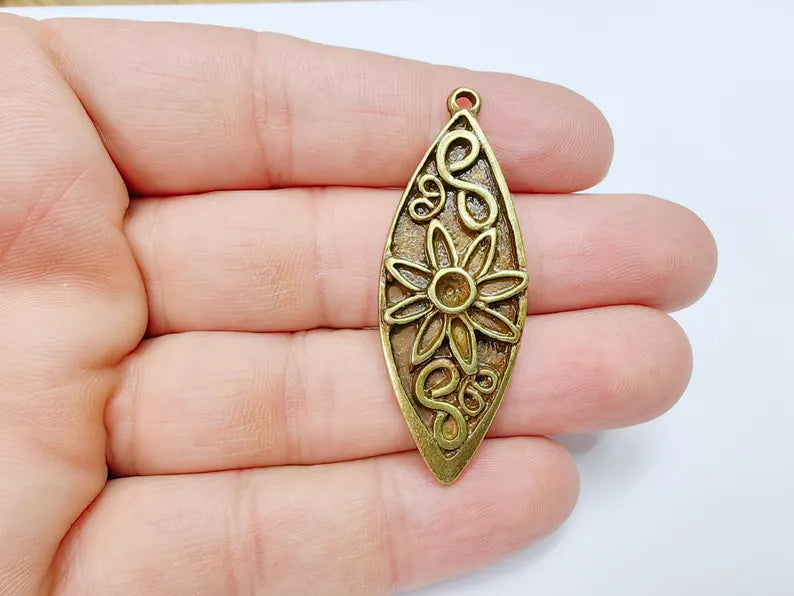 Flower Pendant, Boho Charm, Earring Charm, Dangle Pendant, Necklace Parts, Antique Bronze Plated 51x19mm G36712