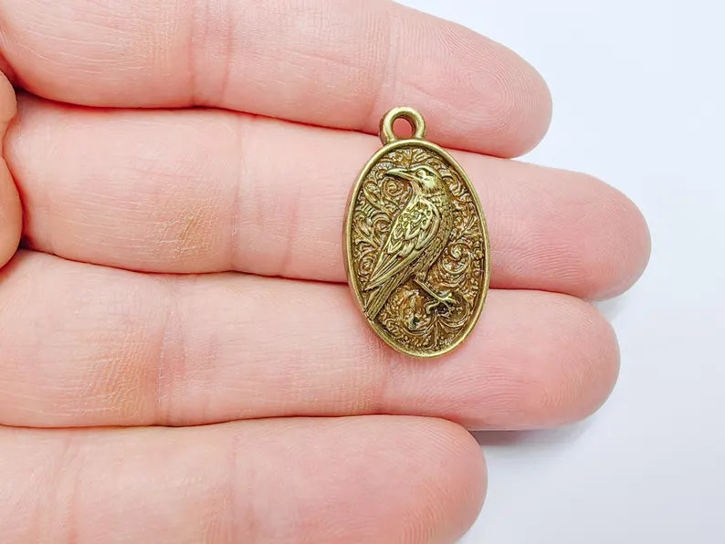 Raven Charm Pendant, Gothic Boho Charm, Nature Earring Charm, Mystical Bird, Necklace Parts, Antique Bronze Plated 29x17mm G36713