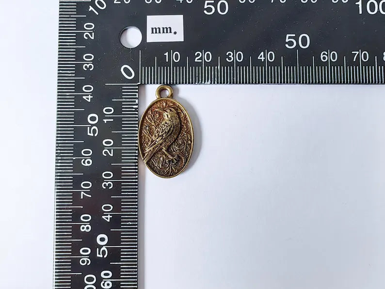 Raven Charm Pendant, Gothic Boho Charm, Nature Earring Charm, Mystical Bird, Necklace Parts, Antique Bronze Plated 29x17mm G36713