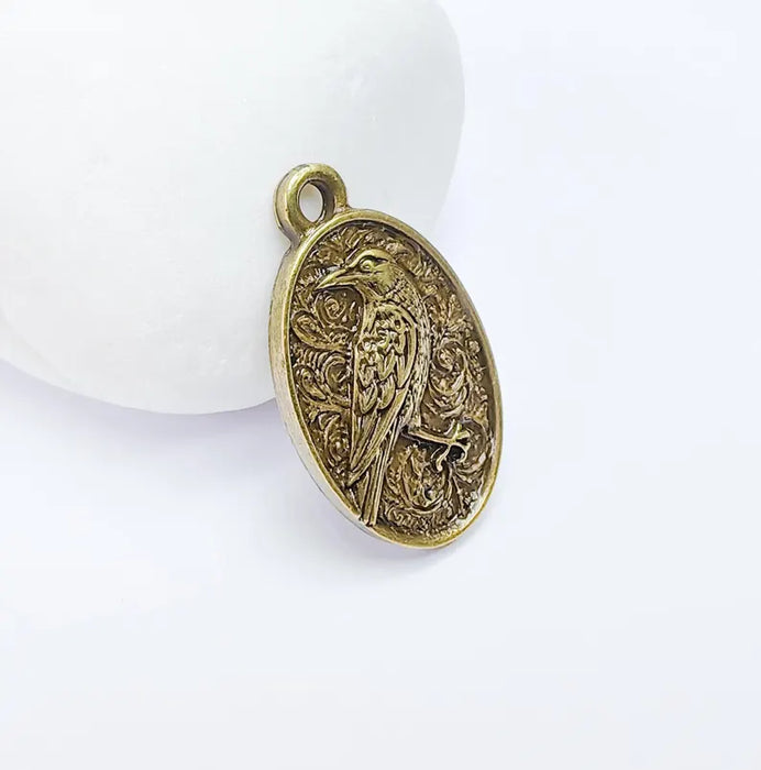 Raven Charm Pendant, Gothic Boho Charm, Nature Earring Charm, Mystical Bird, Necklace Parts, Antique Bronze Plated 29x17mm G36713