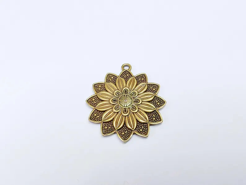 Floral Pendant Nature-Inspired Flower Design for Boho and Antique Bronze Rustic Jewelry, Antique Brass Plated 43x38mm G36714