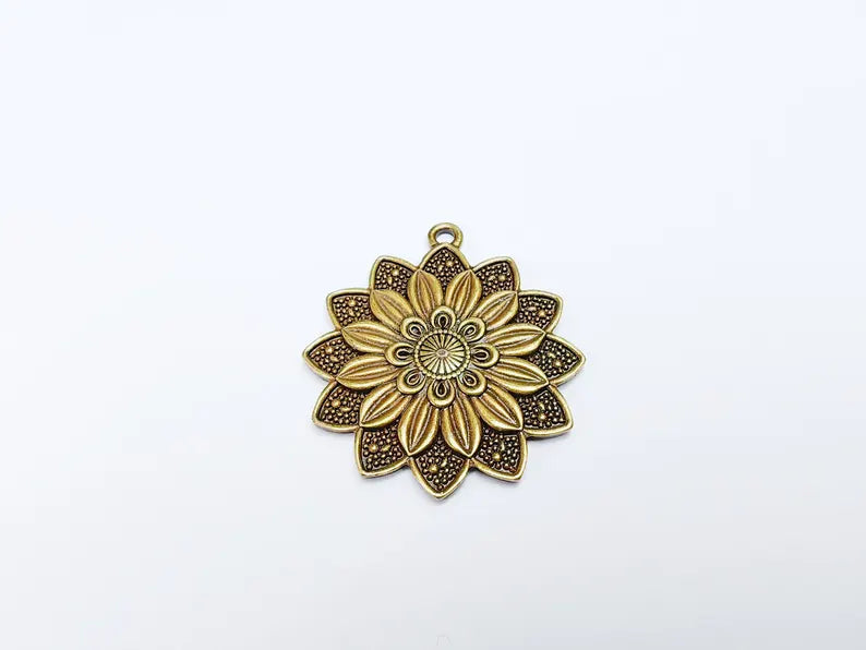 Floral Pendant Nature-Inspired Flower Design for Boho and Antique Bronze Rustic Jewelry, Antique Brass Plated 43x38mm G36714